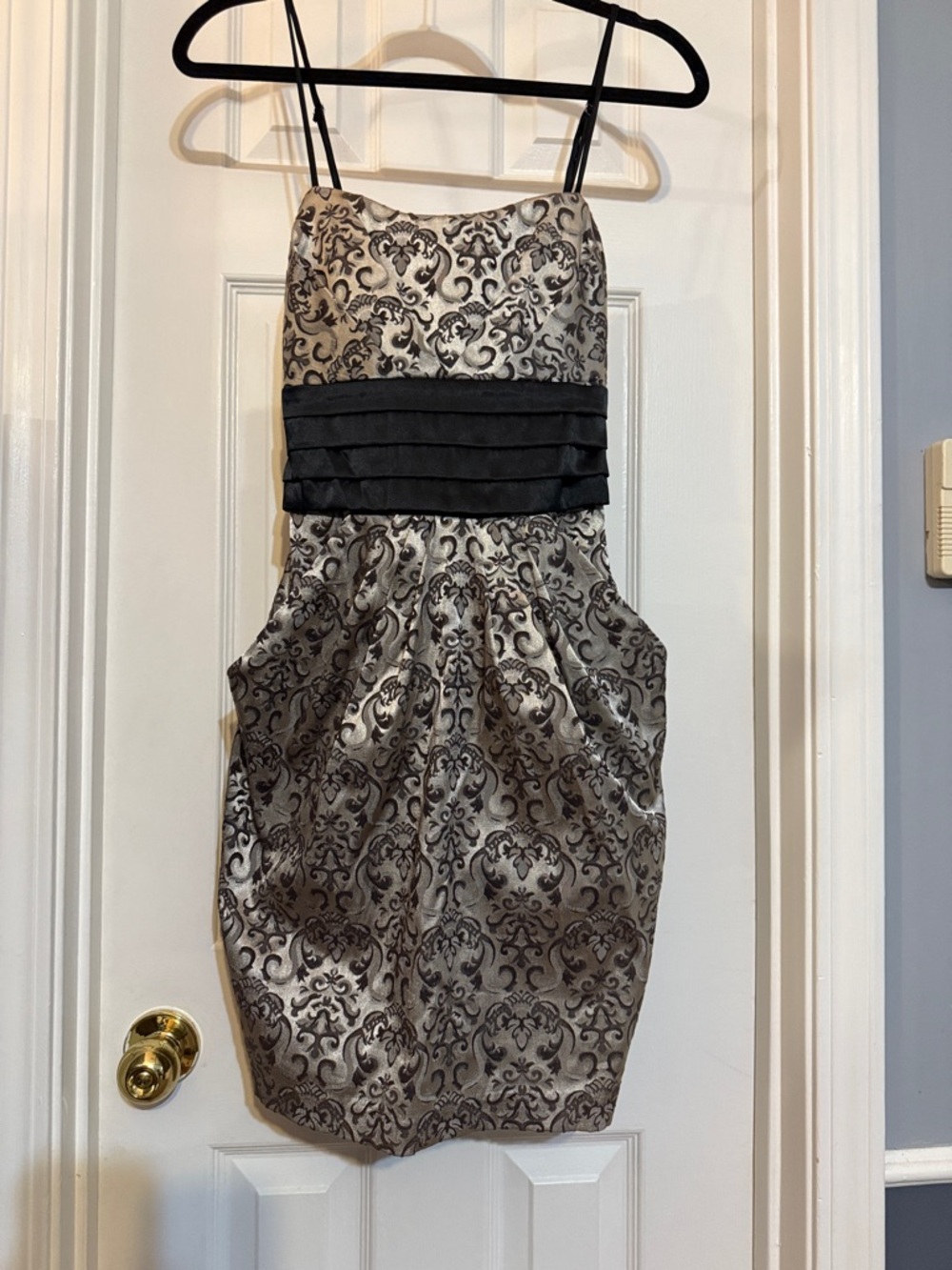 Studio Y Silver and Black Brocade Spaghetti-Strap Mini Dress